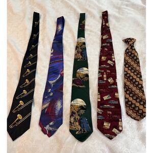 Vintage Men's Neckties Cars Hiking Music Polyester Lot Of 5 (1 clip tie)